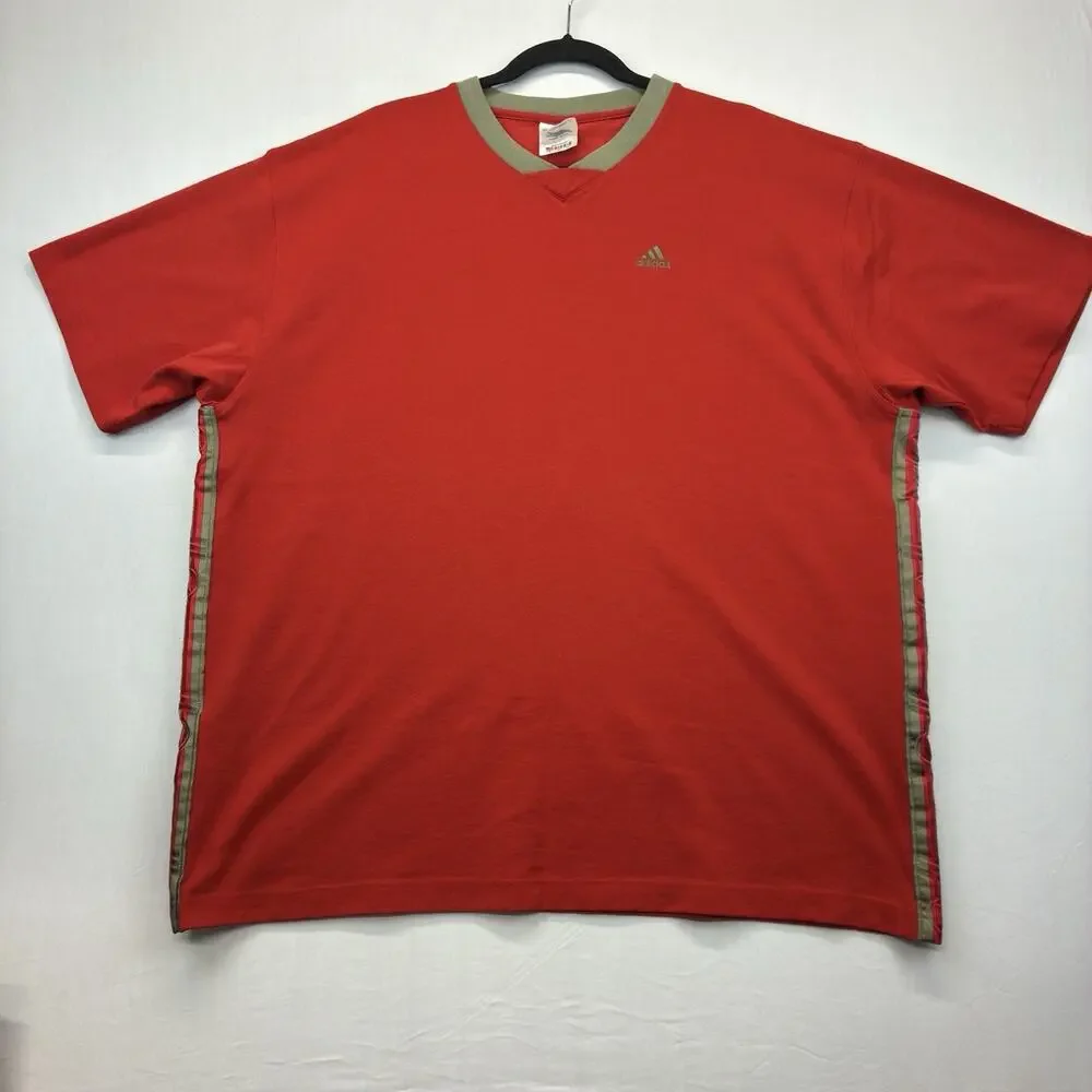 Vintage Adidas Men’s XL Red V-Neck T-Shirt Embroidered Logo Side Stripe Tee